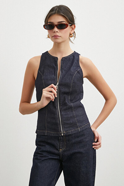 Never more Zippered denim vest navy blue