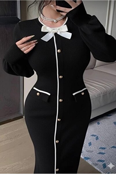 Butik Kadın triko fiyonk ve düğme detaylı şık elbise(S,M uyumlu dar kalıp )