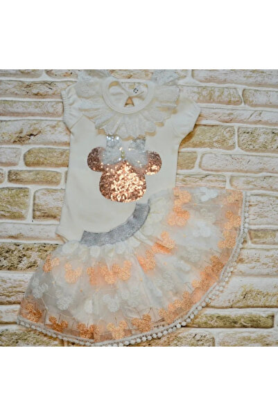 Miravm 1-2-3 Yaş Payetli Mickey Nakışlı Kısa Kollu Brode Etekli 2li Kız Bebek...