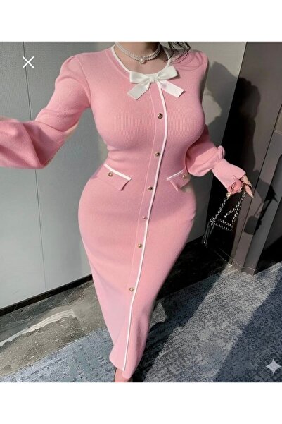 Butik Kadın triko fiyonk ve düğme detaylı şık elbise(S,M uyumlu dar kalıp )