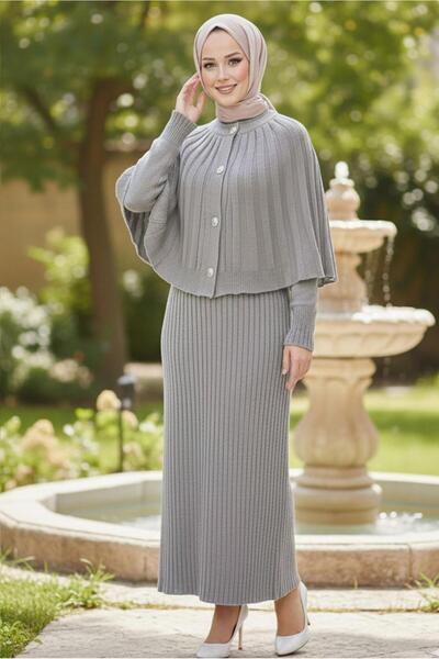 TRENDTESETTÜR KADIN GRİ BOLEROLU TRİKO ELBİSE T 8744