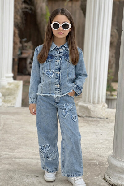 DUDOR KİDS Girls' Heart-Embellished Jeans and Denim Jacket Set - Holiday Coll...