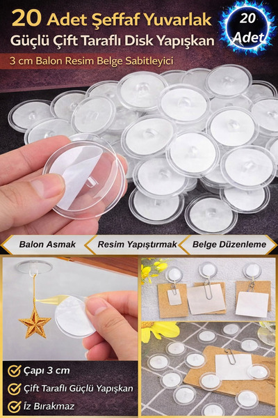 Hane Dostu 20 Adet Şeffaf Yuvarlak Güçlü Çift Taraflı Disk Yapışkan 3 cm Balo...