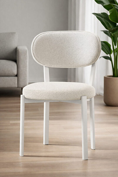 Renlife Beyaz Metal Ayaklı Mutfak Sandalyesi Teddy Silinebilir Kumaş,Modern T...