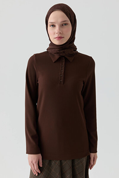 Tuğba Polo Yaka Örme Bluz - Kahve