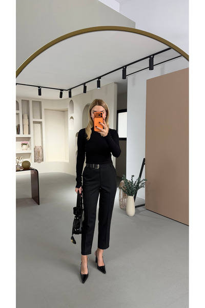 Sezgi Tekin Black Cigarette Pants with Belt Detail and Elastic Waist