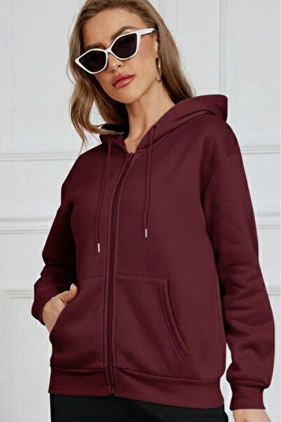 CAST COLLECTİON Women's Burgundy Zippered Hooded Cardigan Jacket