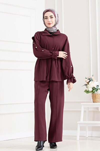 Sevitli Tunnel Detailed Sleeve Buttoned Double Hijab Set-Bordo