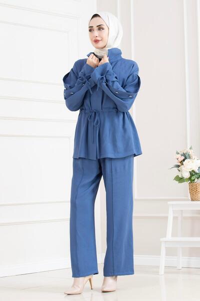 Sevitli Tunnel Detailed Sleeve Buttoned Double Hijab Set-Blue