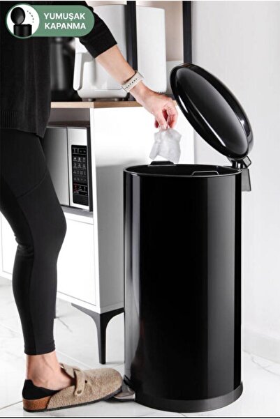 UMBEX PLUS UMBEX Siyah 40 Litre Metal Paslanmaz Çöp Kovası Çöp Kutusu Pedallı...