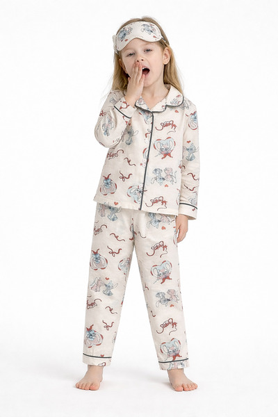 Beka Kids طقم بيجامة بناتي منقوش بأكمام طويلة وأزرار أمامية وربطة عنق وغطاء ل...