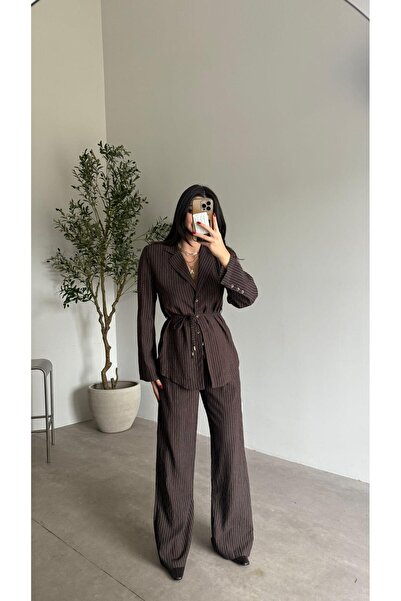 Bade Butik Coffee Striped Shirt and Trousers Set