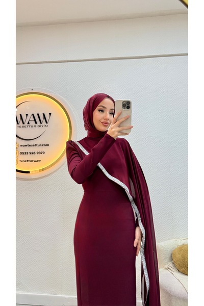 waw tesettür Şifon Taş Detaylı Abiye