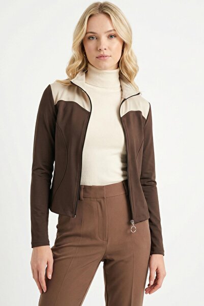 Rays 8325A Front-Striped Zippered Cardigan Brown