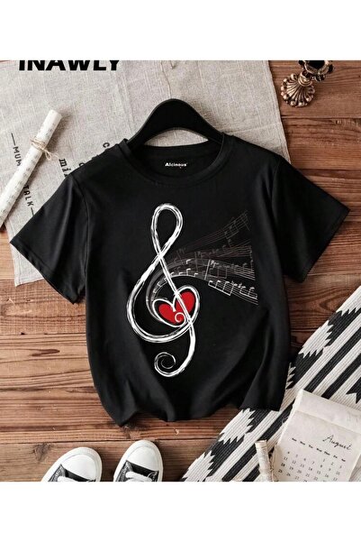 ALCİNOUS Black Printed Skirt Oval Women's Crew Neck T-Shirt