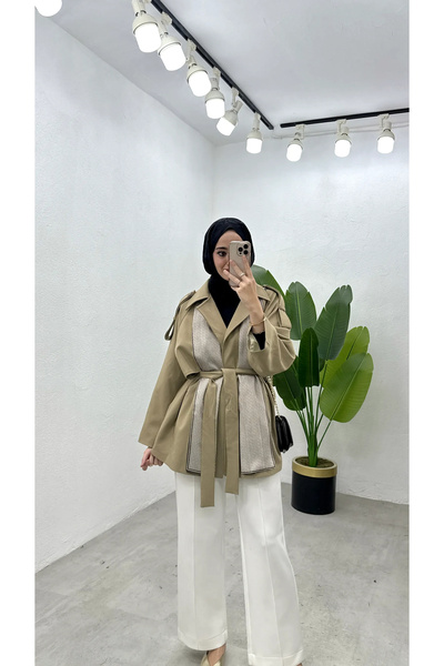 RİMA Fularlı Poliviskon Astarlı Kısa Trençkot