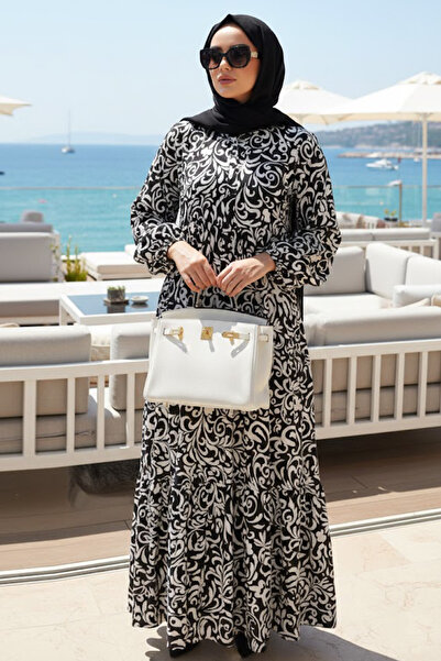 N.S NEVA STYLE Μαύρο Φόρεμα Τεσεττούρ με Σχέδια 30161S