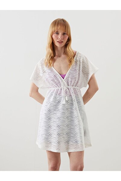 LC Waikiki Lcw Dream Ecru Double Breasted Collar Lace Women's Beach Dress