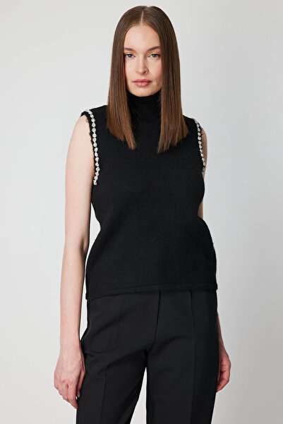On Fashion Women's Black Sweater with Stones on the Shoulders and Neck 63382