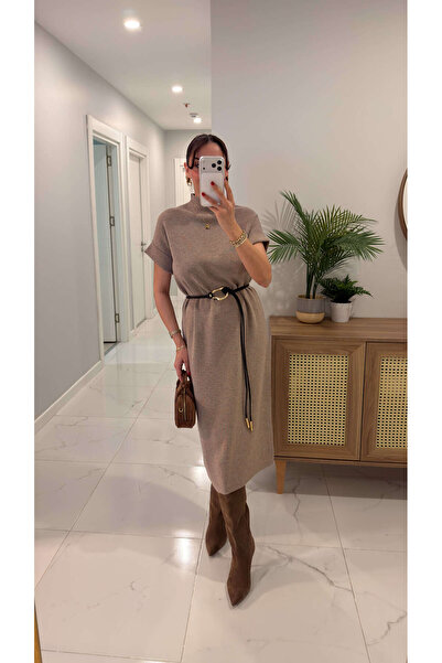 BİRCANÇİL Νίσσαν Μπεζ Πλεκτό Φόρεμα με Ζώνη