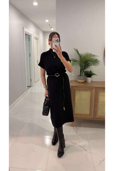 BİRCANÇİL Nissan Black Belted Knitwear Dress