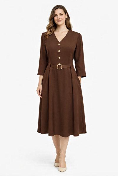 codemark V-Neck Midi Dress with Belt Detail and Pocket Appearance