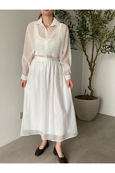 Bade Butik Ecru Elastic Waist Lined Skirt and Shirt Set