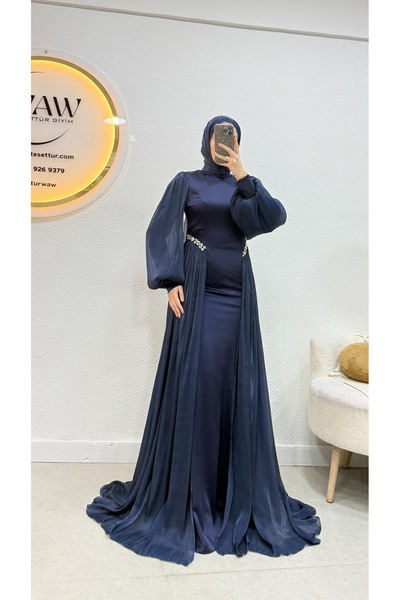 waw tesettür Saten Taş İşlemeli Tesettür Abiye Elbise