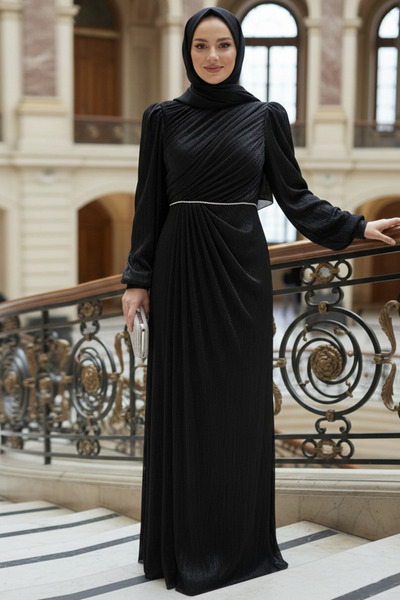 N.S NEVA STYLE Rochie de seară neagră cu drapaj și detalii, stil Hijab 55172S