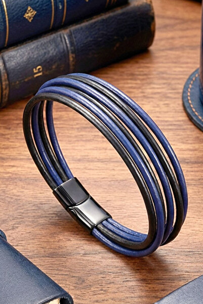 OSMANLI GÜMÜŞ Men's Leather Bracelet - Multi-Leather Six-Row Navy Blue Black ...