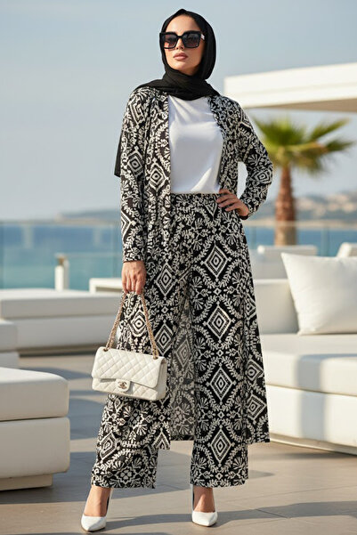 N.S NEVA STYLE Patterned Black Hijab Double Kimono Set 12889S