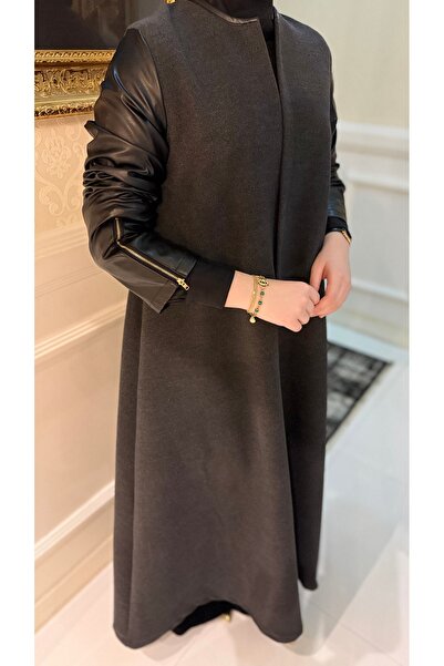BukrinaCo Füme Kaşe kolları deri fermuarlı uzun tesettür kap kaban