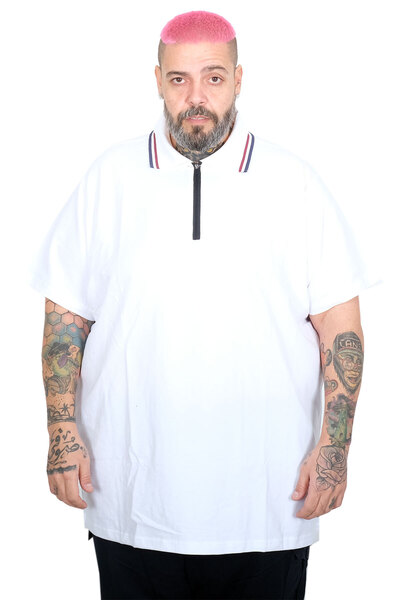 ModeXL Mode XL Large Size Men's Zippered Polo Collar T-Shirt 25319 White