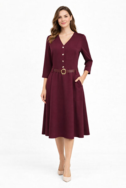 codemark V-Neck Midi Dress with Belt Detail and Pocket Appearance
