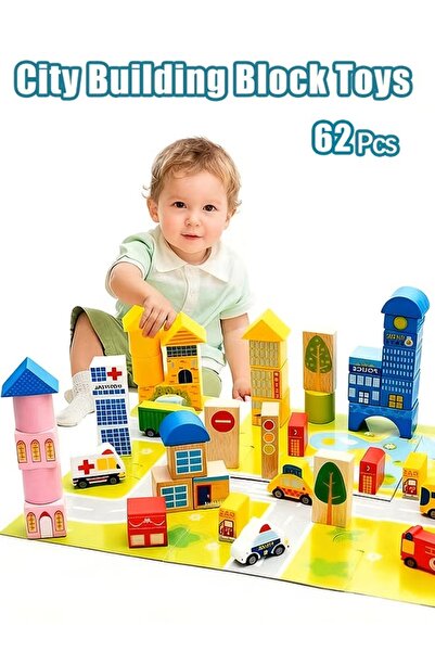 Generic مجموعة مكعبات بناء المدينة، 62 قطعة، مجموعة مكعبات بناء خشبية كبيرة م...
