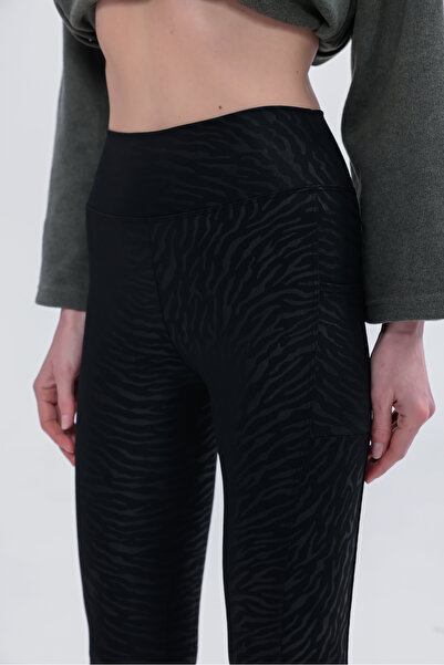 Gizrain Γυναικείο μαύρο υφασμάτινο κολάν κατάδυσης με σχέδιο ζέβρας, συσφιγκτ...