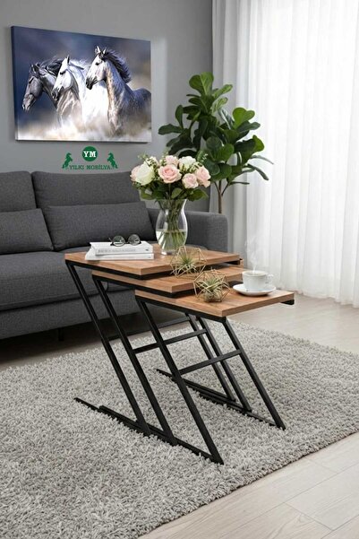 Yılkı Mobilya AYSİ ÜÇLÜ ZİGON Z SEHPA SİYAH METAL AYAKLI