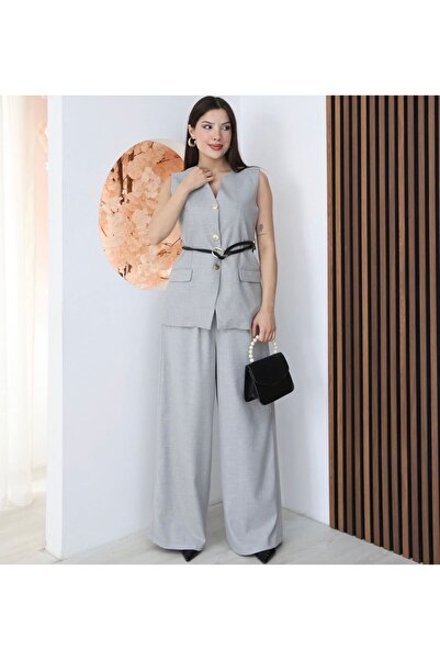 MODA Γυναικείο Σετ Γιλέκο και Παντελόνι με Κορδόνια και Κουμπιά, Γκρι