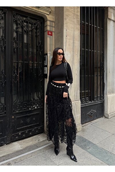 Fav Style Women's High Waist Lace Detailed Maxi Skirt Black