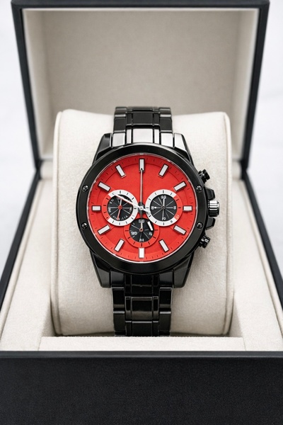 wesscollection Erkek Kol Saati Siyah Metal Kordon Kırmızı Kadran Kronograf Ta...