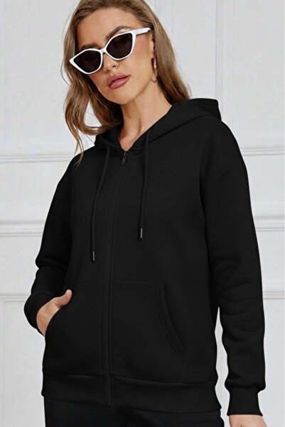 NO 601 Women's Black Winter Thick Zippered Hooded Cardigan