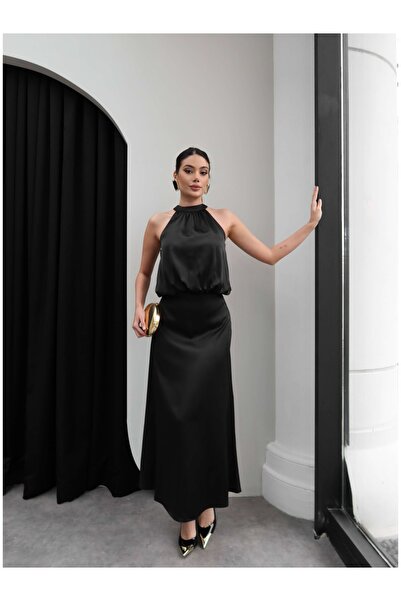 ESRAHELVACI Halter Neck Gathered Waist Satin Dress