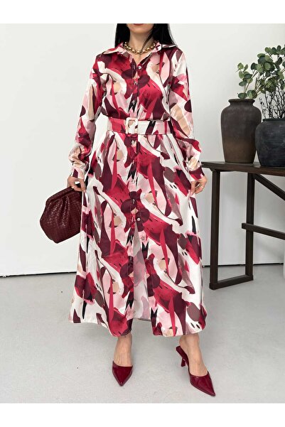 Moda İkra rochie de damă cu guler tip cămașă, cu curea și imprimeu zigzag