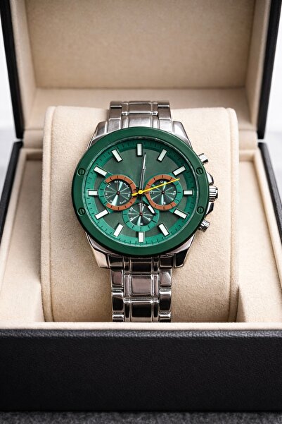 wesscollection Erkek Kol Saati Yeşil Kadran Metal Kordonlu Kronograf Şık Tasarım