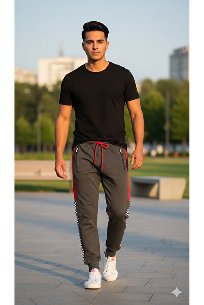 Pomaxi Men's dark gray sweatpants, checkered pattern with red details