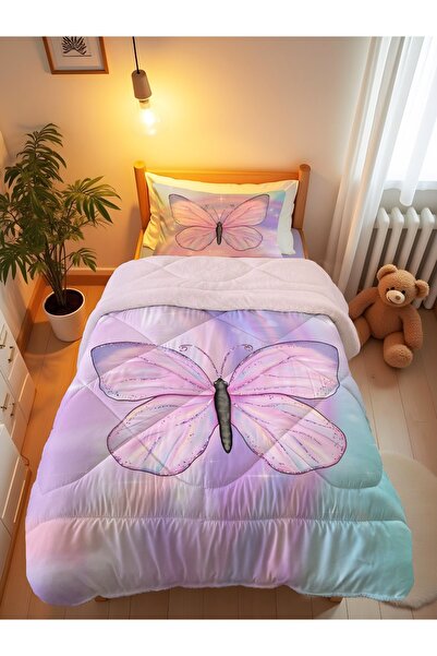 Evmila Butterfly Patterned Double-Sided Children's Quilt and Sleeping Set – 1...