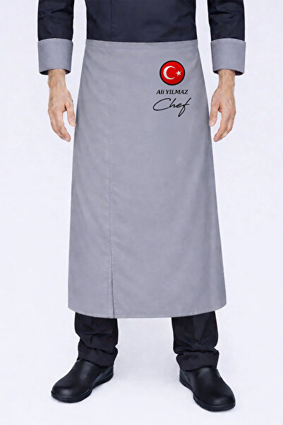 Üniformanya Name Gift Turkish Flag Embroidered Gray Long Waist-Tie Chef Apron...