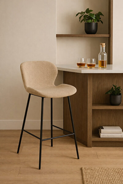 N.zone Beige bar stool with curved back and black metal legs