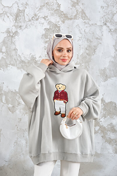 LOCCO Women's Teddy Bear Embroidered Sweatshirt Water Green