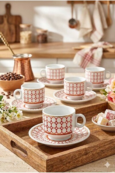 Homerest Modern Etnik Desenli Porselen 6 Kişilik Türk Kahvesi Fincan Takımı, ...